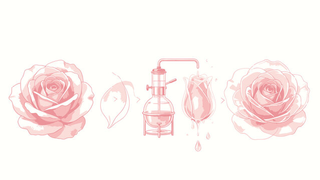 Soft Pastel Watercolor Style Illustration Depicting the Step-by-Step Rose Essential Oil Distillation Process Featuring Delicate Pale Pink Roses