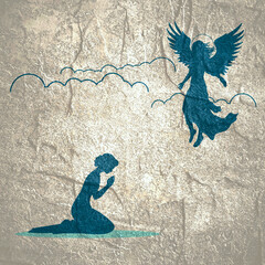Fototapeta premium Fantasy woman angel soars in the air with huge bird wings. Girl in levitation flies. Lady goddess in dress, fabric waving fluttering in motion. Goddess girl descends from the sky to praying woman