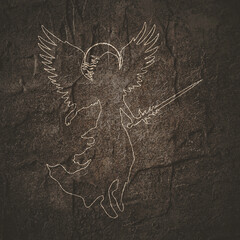 Fototapeta premium Fantasy woman angel warrior with wings, Warlike girl goddess. Lady elf holding sword in hand.