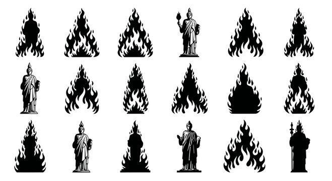Spiritual deity statues and flaming fire silhouette icon set