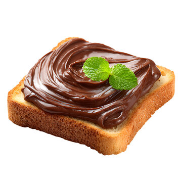 Square slice of bread with smooth chocolate spread and fresh mint garnish