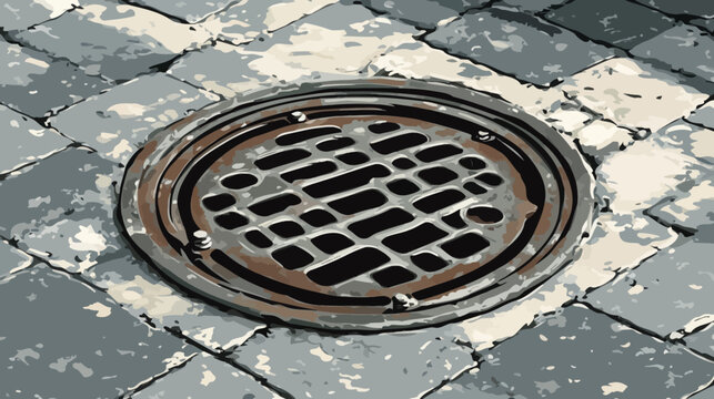 Artistic depiction of a circular drain cover set in a stone pavement. Aged, rusted metal texture