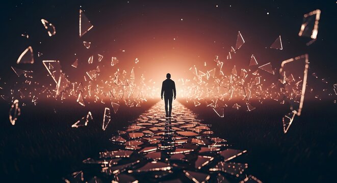 Navigating a fragmented reality, a person walks towards a beacon of hope and transformation