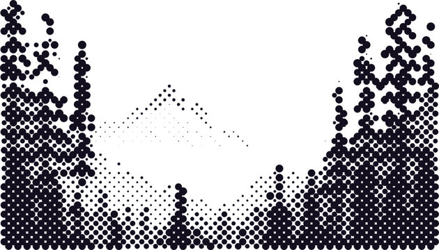 Halftone mountain range silhouette, dots and points on white background