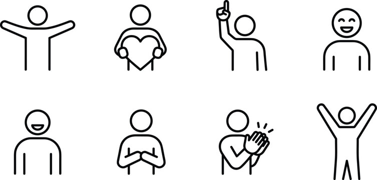 Human Emotions and Positive Gestures Icon Set Featuring Happy People Characters with Heart Love Symbols, Clapping Hands, Success Celebrations, and Welcoming Body Language