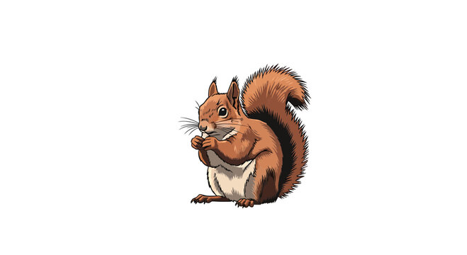 Red squirrel sitting and holding food isolated on white background