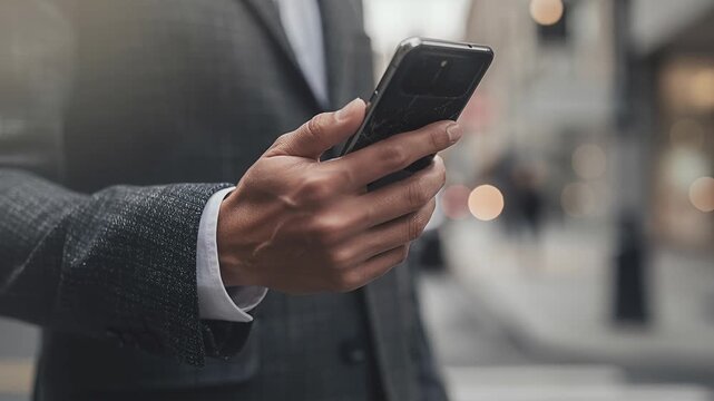 businessman using smartphone in city street