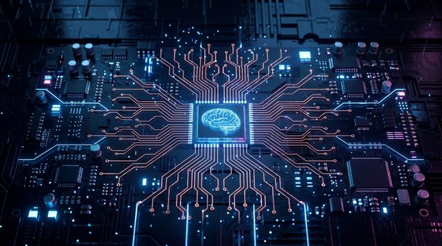 Glowing neural circuitry pulses from a central brain icon. Circuitry radiates blue and orange light across a dark board. Future tech, artificial intelligence, and data processing concepts merge
