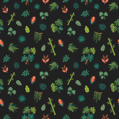 Tropical leaves seamless pattern on dark grey background © Bohdana
