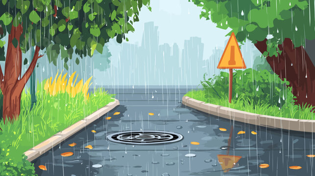 Pixelated artwork of a rainy street scene with trees, a road, a sign, and cityscape