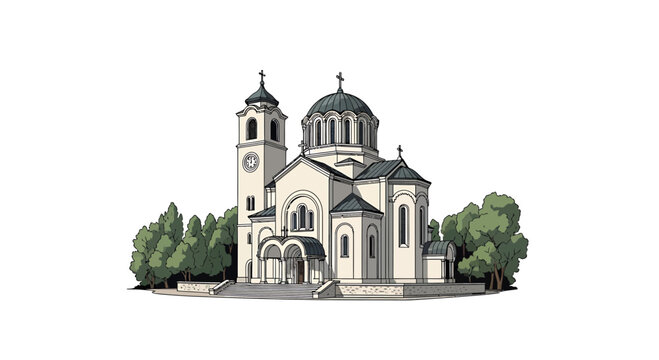 Orthodox church building with dome and bell tower among green trees
