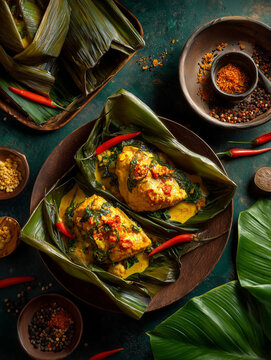 Indonesian pepes fish steaming in banana leaf