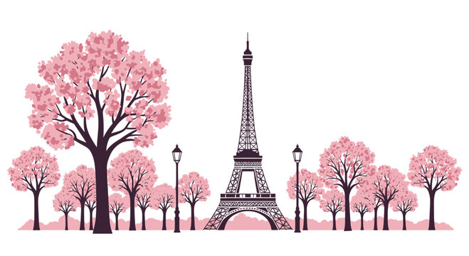 Eiffel Tower in Paris Surrounded by Pink Cherry Blossom Trees