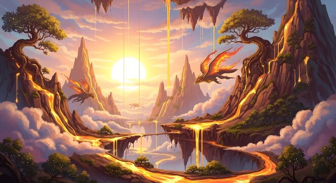 Enchanting fantasy landscape with dragons and flowing lava under a vibrant sunset sky