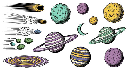 Colorful planetary icons, solar system symbols, astronomy illustrations, vector planets © Adam