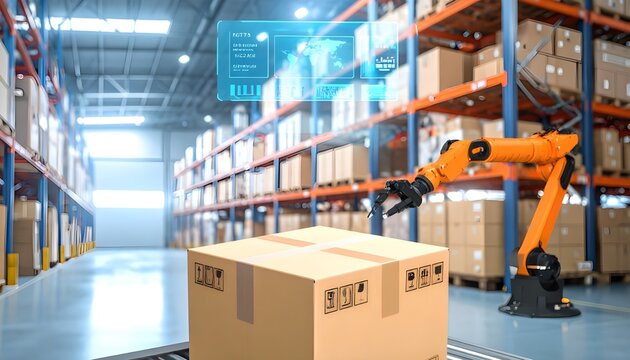 Autonomous robotic arm optimizing warehouse logistics with AI technology, enhancing efficiency in modern inventory management and smart supply chain operations