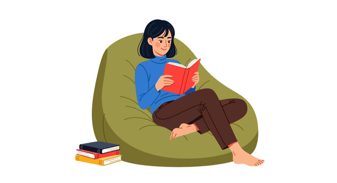relaxed woman reading, green bean bag chair, cozy reading nook, illustration, vector