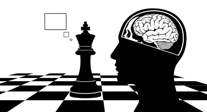 Strategic thinking, brain, chess, king piece, black and white vector illustration, problem solving, mind games