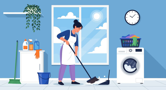Household cleaning, domestic chores, janitorial services, cleaning lady, domestic worker, vector illustration