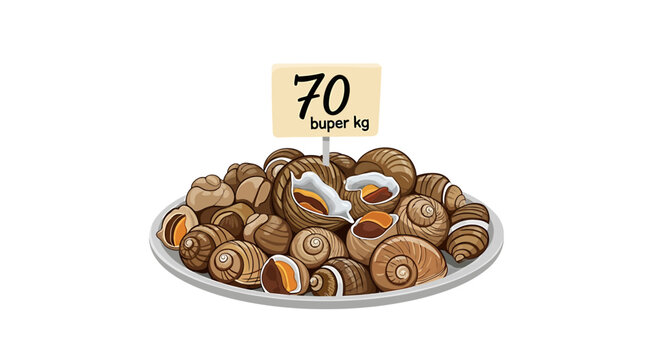 Fresh spotted babylon sea snails on a tray with price tag