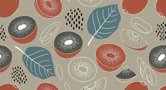 Seamless fruit pattern, kiwi and leaves design, vector illustration, colorful botanical texture, food background