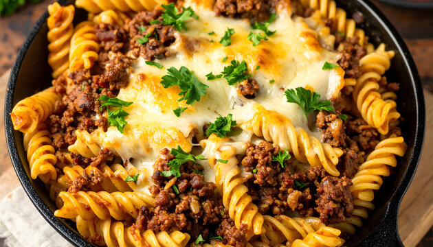 Close-up of cheesy baked rotini pasta with ground beef sauce and melted cheese in a cast iron pan garnished with fresh parsley.