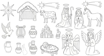 Obraz premium Christmas Nativity Scene Icons, Vector Illustrations, 20 Elements, Black and White Line Art, Religious Symbols, Holiday Clip Art