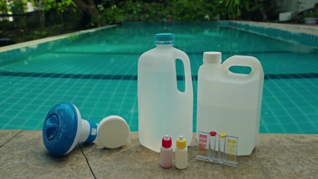 Swimming pool maintenance and cleaning with water treatment kits and chlorine tablets for pristine waters.