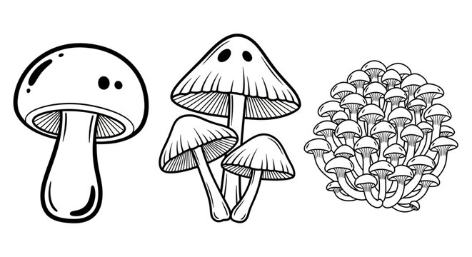 Mushroom icons, fungi illustrations, black and white clip art, vector graphics, 3 styles