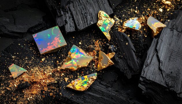 Opal and Gold Dust on Dark Coal Texture Fashion Background