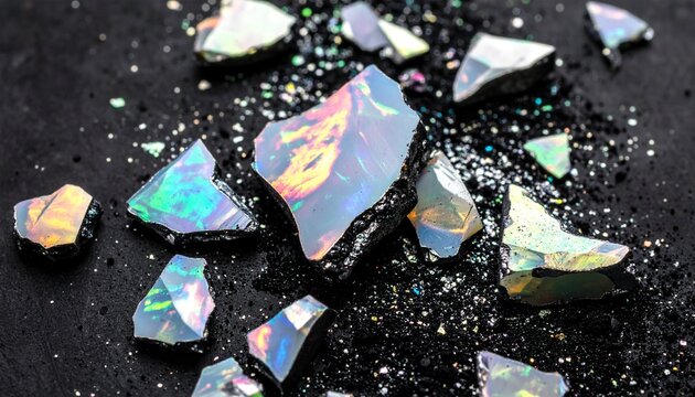 Crushed Iridescent Opal Pieces on Dark Background with Blue Glow