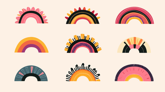 Collection of stylized half-circle designs, resembling rainbows or suns, with varied colors and textures