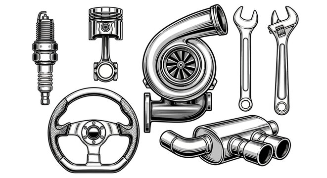 Car engine, turbocharger, steering wheel, spark plug, piston, wrench, exhaust pipe, automotive parts, mechanical icons, 8 elements