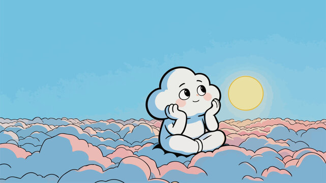 Cute cloud character relaxing on cloud sea watching the sun