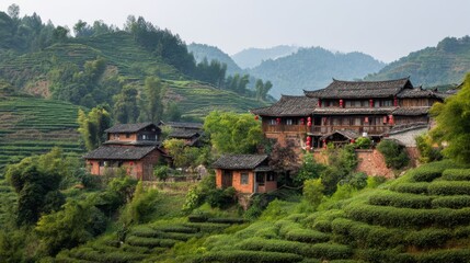 Obraz premium Tea farm landscape with terraced green hills traditional clay houses tiled roofs and lush foliage. Scenic rural village surrounded by dense tea plants and peaceful countryside nature