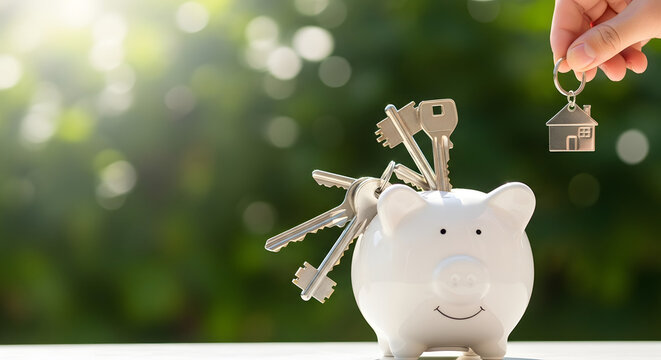 Piggy bank with house keys for saving money