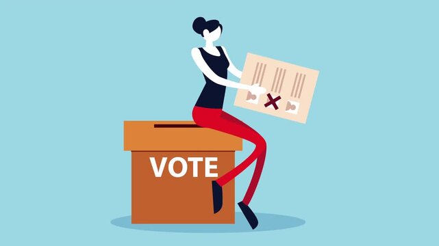 Election day animation with woman sitting on ballot box holding marked voting paper against blue background.