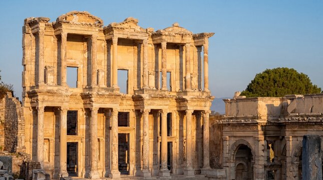 The magnificent facade of the Library of Celsus at sunset, an iconic ancient Roman landmark located in the historical archaeological site of Ephesus, Turkey.