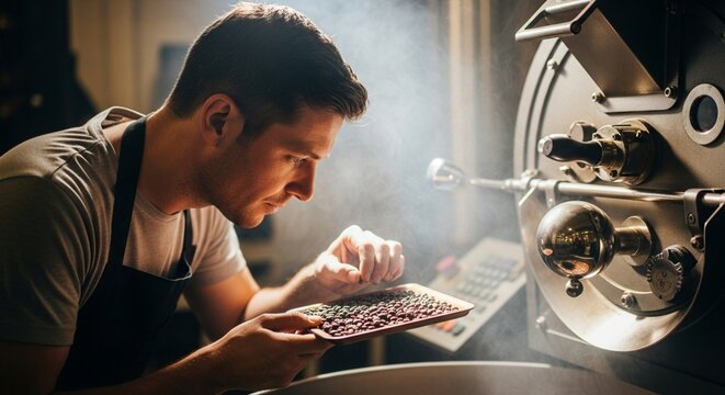 A_professional_roasting_coffee_beans_and_checking_