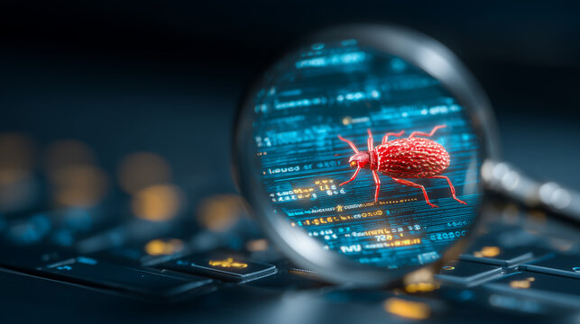 Computer bug under a magnifying glass on digital code, symbolizing malware detection, cybersecurity threats and system protection.

