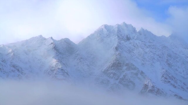 Winter The Remarkables Ski Resort frosted snow covered peaks birds flying morning cloud fog blue sky Queenstown New Zealand Southern Alps landscape Kawarau Mountain Range Crown Range zoom out
