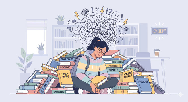 Academic Burnout Exhausted Student Overwhelmed by Books and Exam Stress