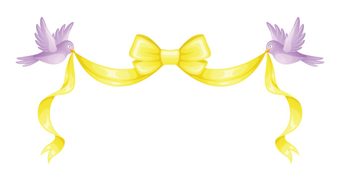 Two cute birds flying and holding a yellow ribbon with a central bow. Vector illustration isolated on white background.