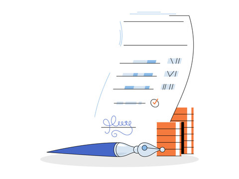 Signed document with fountain pen and coins vector illustration. Business agreement, financial planning, legal services, banking, loan approval, contract management. Paper with ink pen and money