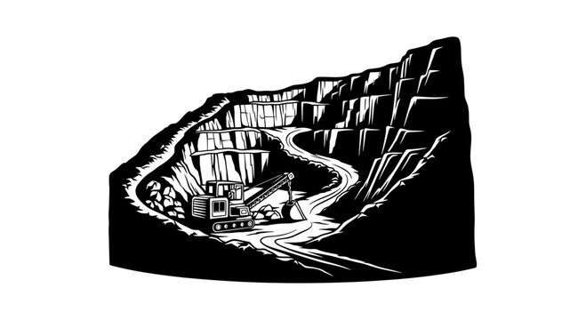Heavy excavator working in a deep open pit quarry landscape