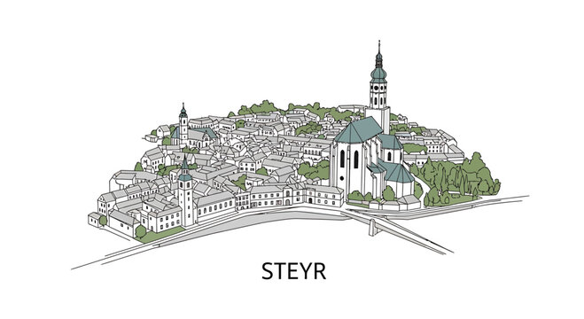Historic skyline of Steyr Austria featuring town center and church