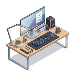 Fototapeta premium A modern workstation featuring a sleek desktop computer with a flat LCD monitor display, keyboard, and computer mouse set upon a professional office desk within a high-tech business network environmen