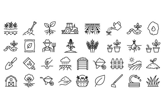 Agriculture line icons set, farming and gardening outline symbols, 32 organic cultivation and harvest vector elements for web design