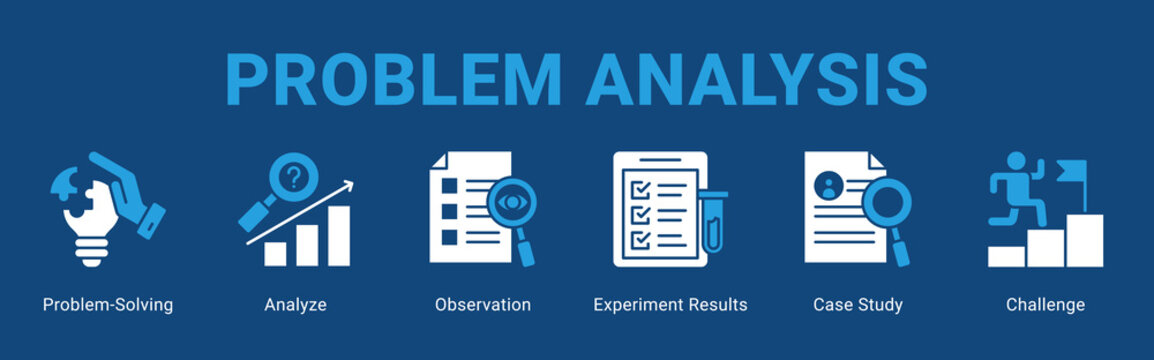 Problem Analysis web banner icon concept,  with Problem-Solving, Analyze, Observation, Experiment Results, Case Study, Challen.