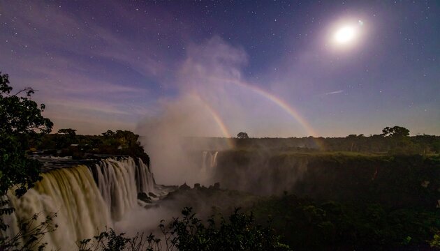 Waterfall with moonbow and full moon at night in misty landscape